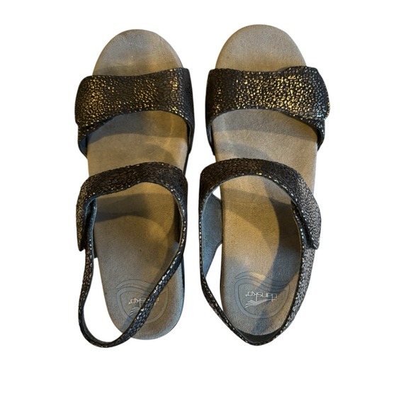 Dansko Sandals Sonnet Women's 6.5 37 Black Silver Leather Shimmer Strap Wedge - Picture 3 of 9